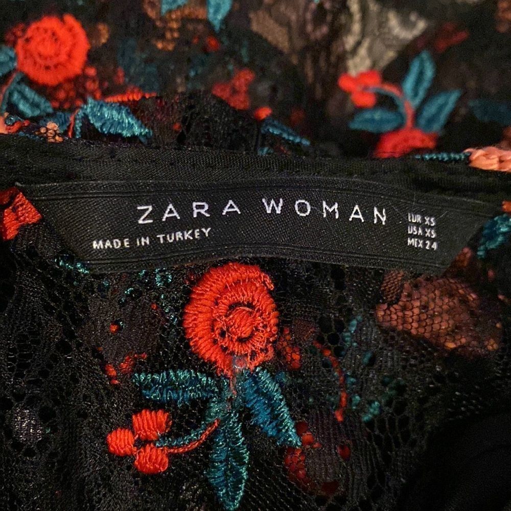 Zara Extra Small Black Lace Floral Midi Dress Black Underlining Long Ruffles - Picture 7 of 8